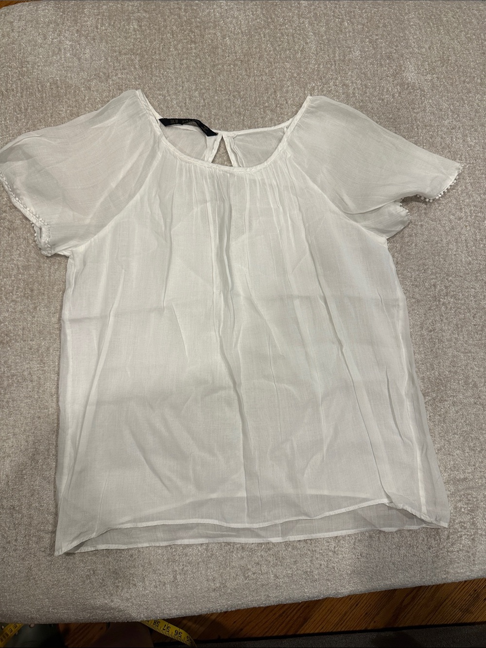 Zara White Sheer Short-Sleeve Peasant Blouse